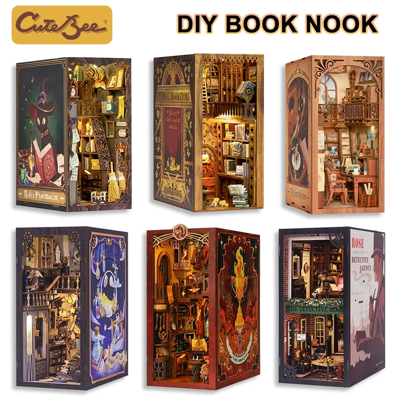 CUTEBEE Magic Book Nook Kit DIY Doll House with Light 3D Bookshelf Insert Eternal Bookstore Model Toy For Adult Birthday Gifts