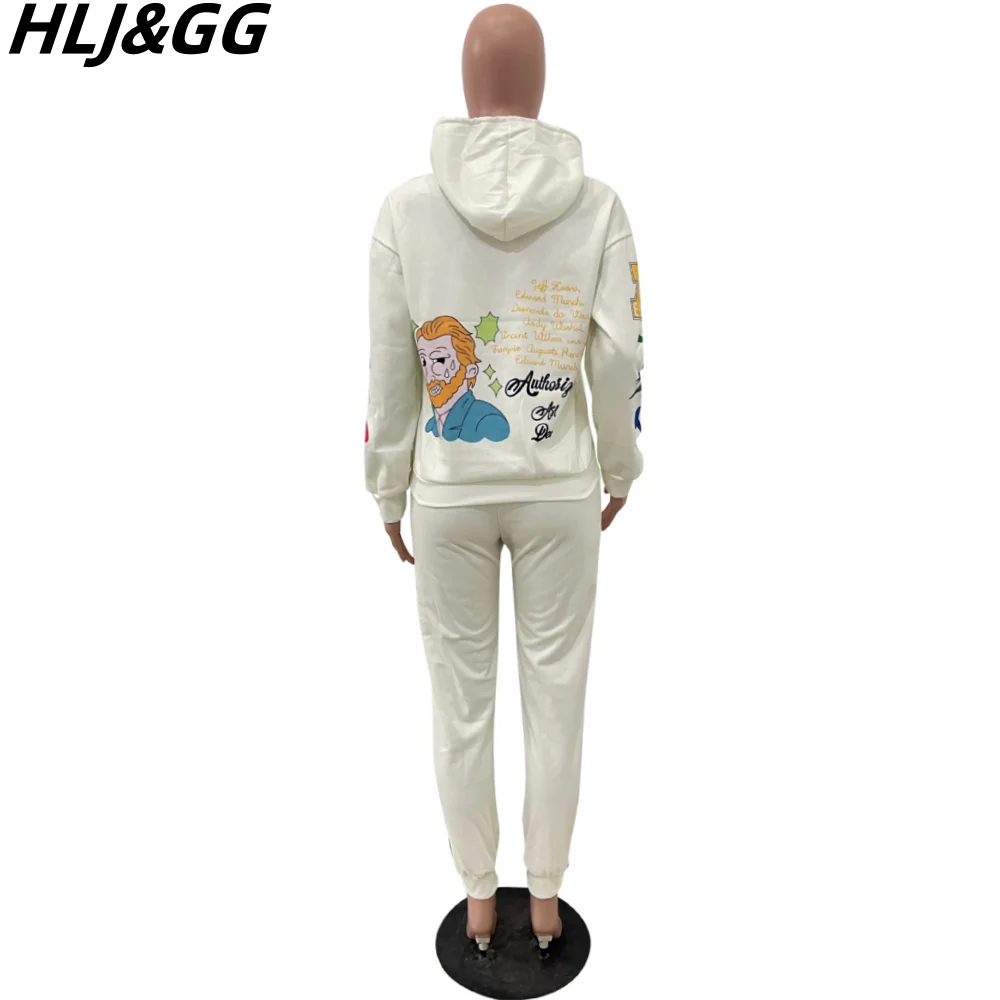 HLJ&GG Winter Letter Graffiti Printing Hooded Two Piece Sets Women Long Sleeve Sweatshirts And Jogger Pants Tracksuits Outfits