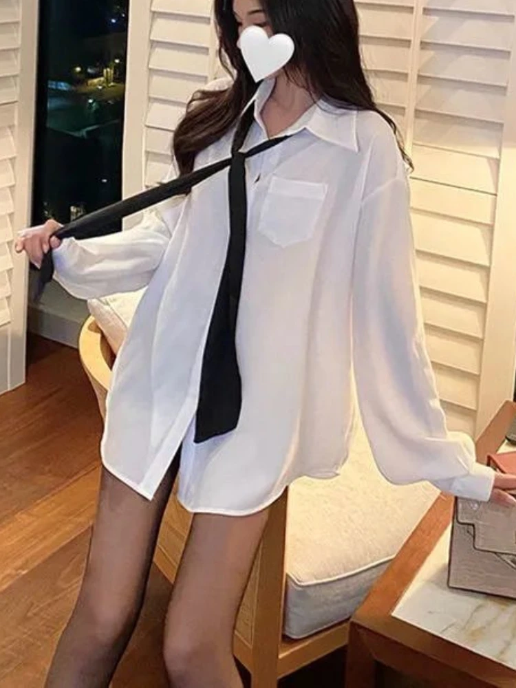 

Белая женская блузка HOUZHOU с длинным рукавом, свободная пикантная рубашка большого размера с завязкой, уличная одежда, однотонные модные шикарные женские топы, осень 2022