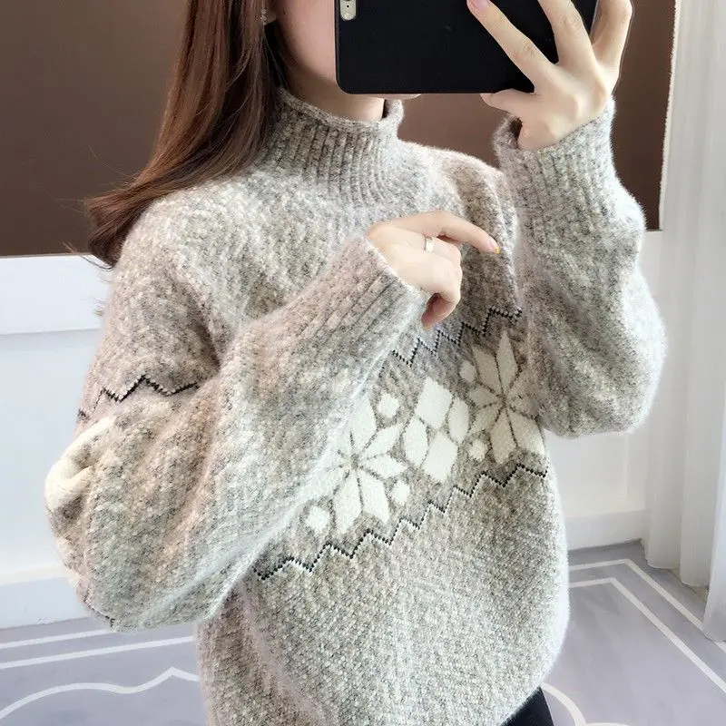 

Autumn Winter New Women's Half High Collar Jacquard Weave Pullovers Sweaters Elegant Versatile Loose Casual Long Sleeve Tops