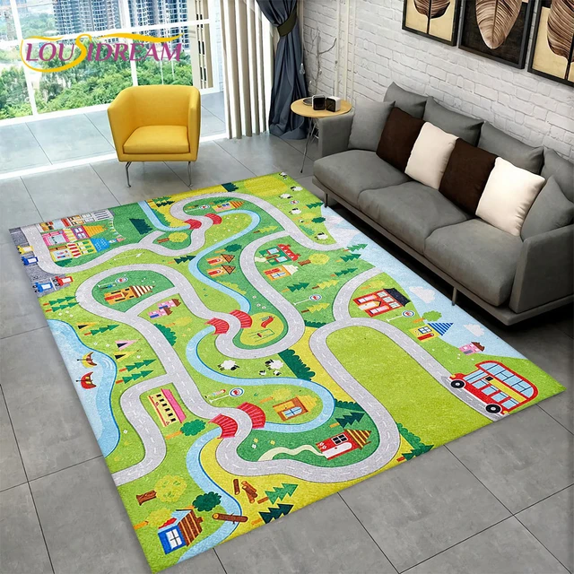 Alfombra de área de dibujos animados de tráfico de Ciudad de carretera,  alfombra para sala de estar, sala de juegos, decoración de dormitorio para  niños, alfombrilla antideslizante para juegos para niños 