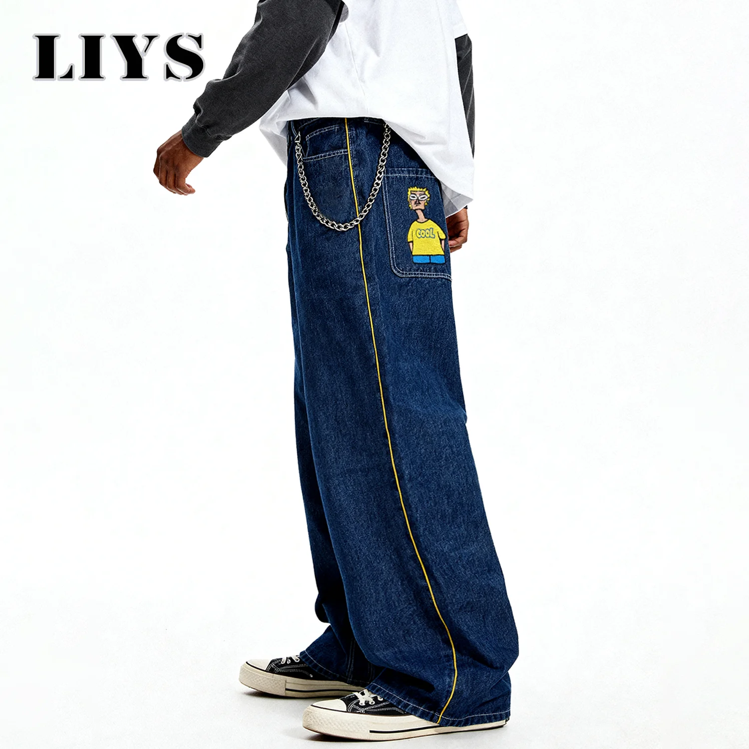 الرجال الأمريكية الرجعية الهيب هوب الكرتون التطريز فضفاض واسعة الساق الجينز الكورية للجنسين عادية فضفاض الدنيم السراويل سكيت السراويل