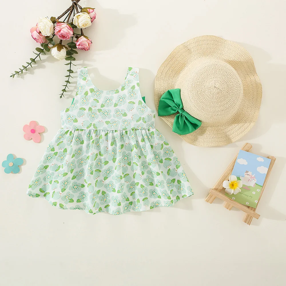 2Pcs/Set Summer children's dress with large bow at back peach blossom suspender chiffon girl's dress and straw hat Girls Dress Baby Girl Dress