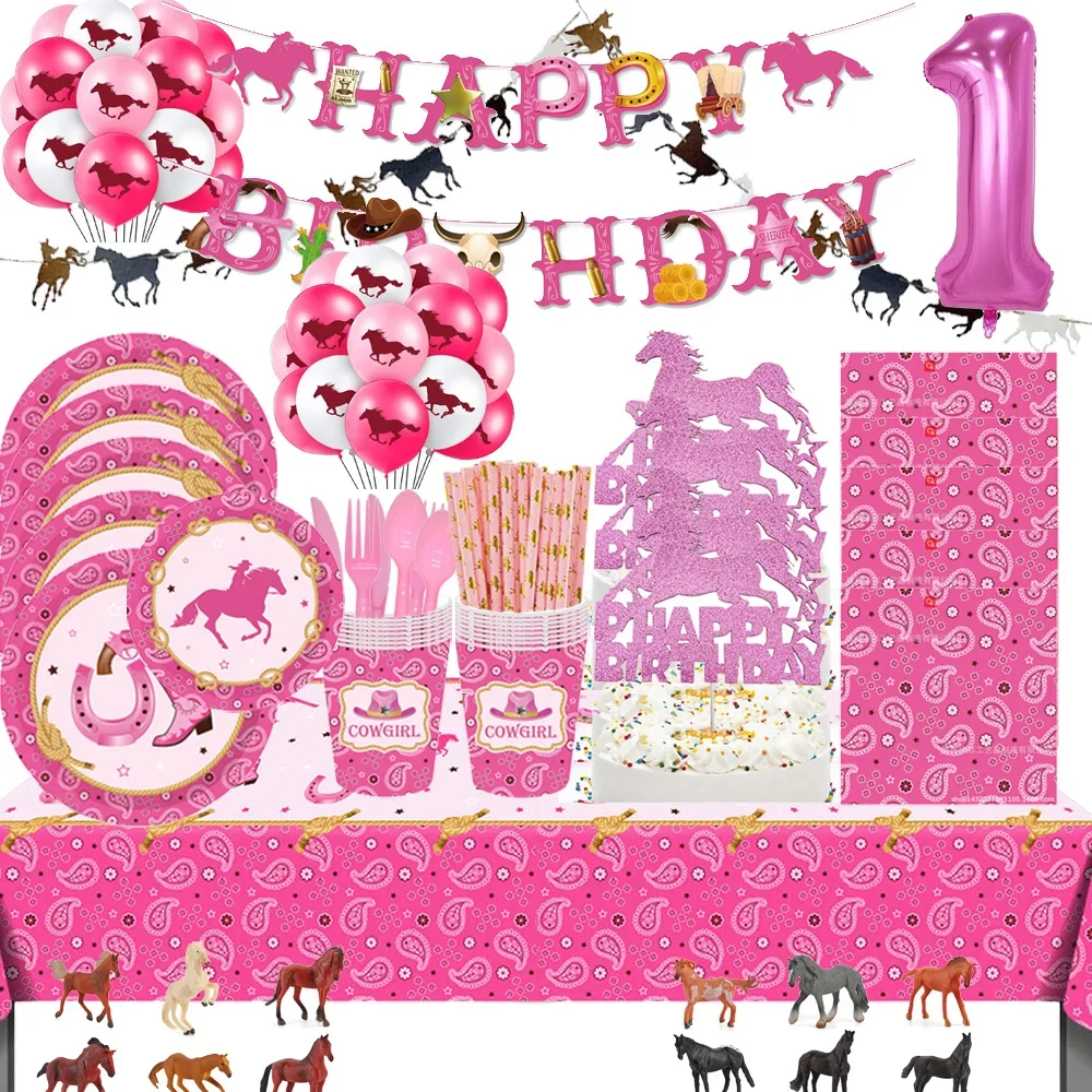 

Pink Horse Party Supplies Plates Napkins Tableware Wild Horse Birthday Party Decorations for Boys Girls Disposable Dinnerware
