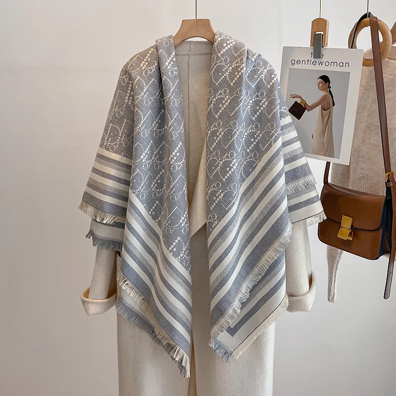 Elegant Striped Design Scarf Imitation Cashmere Soft Warm Versatile Shawl Coldproof Windproof Blanket Scarf for Autumn Winter
