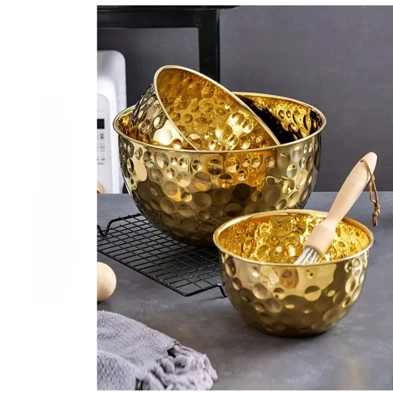 Gold Stainless Steel Hammer Point Fruit Bowl Salad Plate Egg Pot Thickened Baking Mixing Cooking Bowl Creative Decoration 1pcs