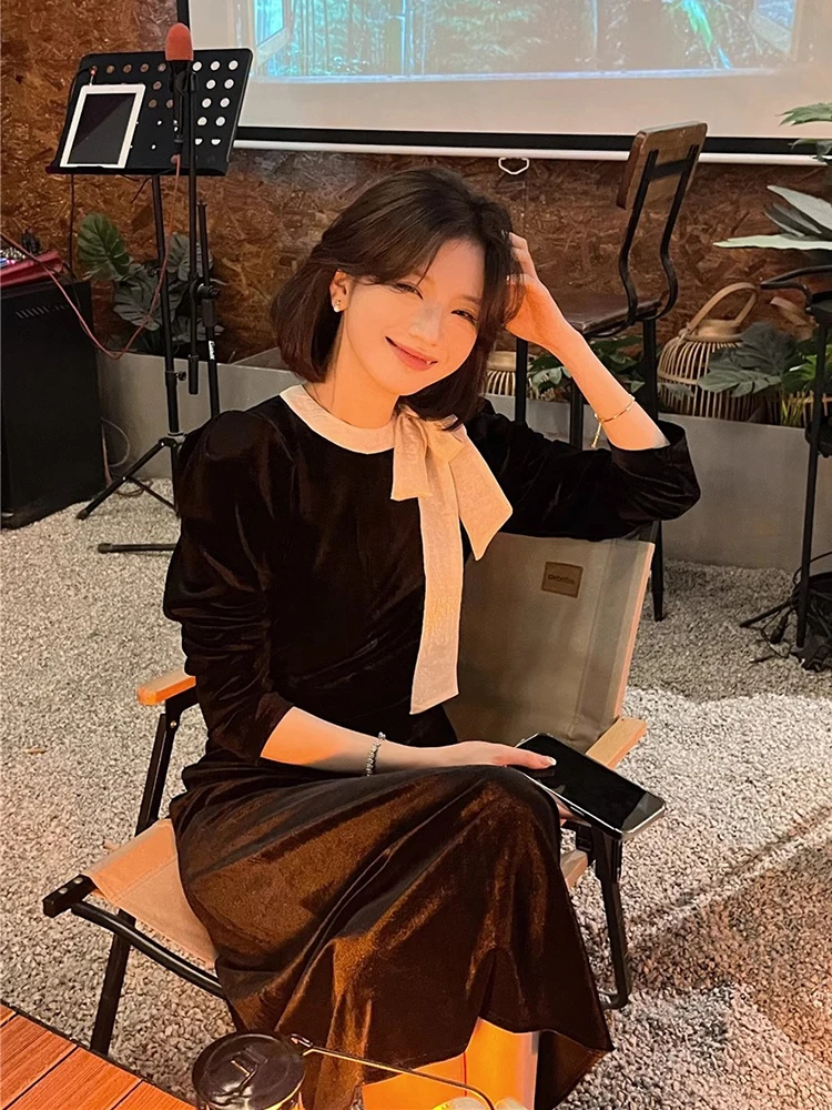

Korean Fashion Black Velvet Dress Women Spring Autumn Patchwork Bow Long Dress Vintage Party Elegant Vestidos