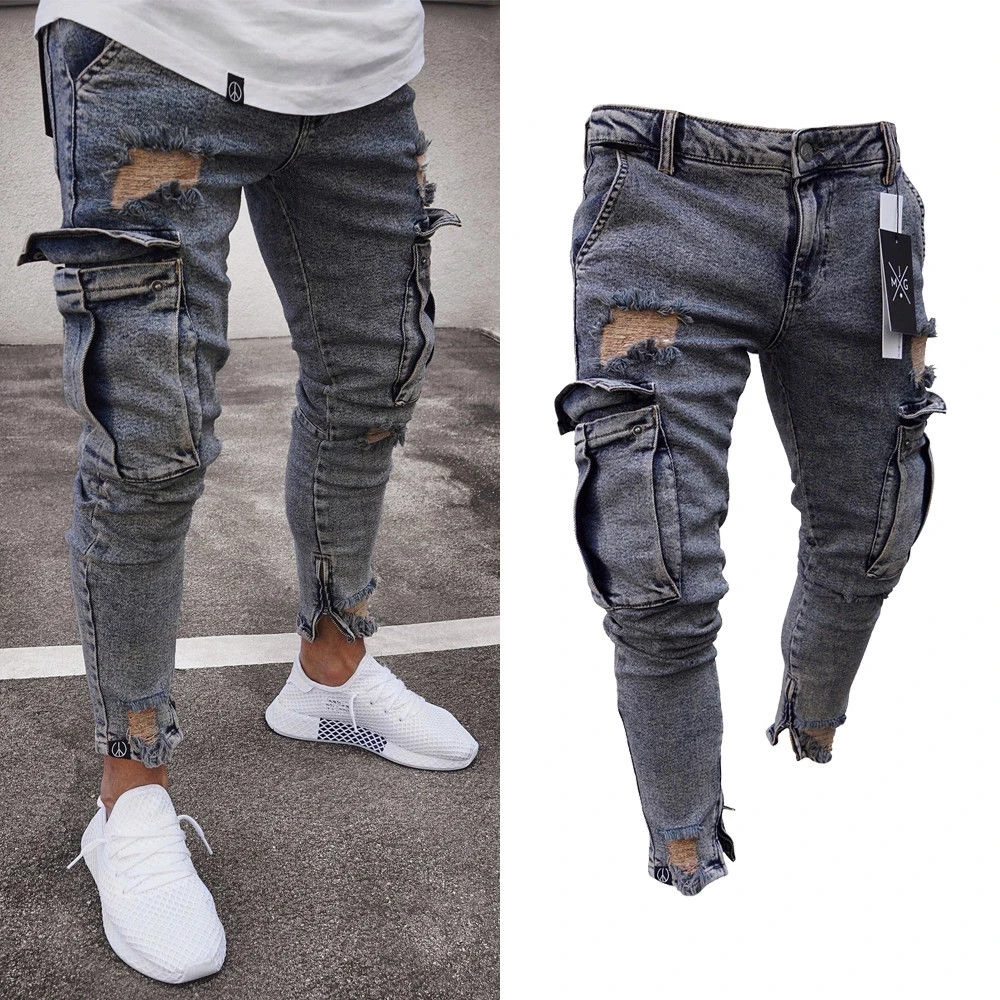 Men Jeans Safari Style Pencil Pants Solid Slim Male Denim Trousers Cargo Streetwear Plus Size Autumn Spring Men Clothing