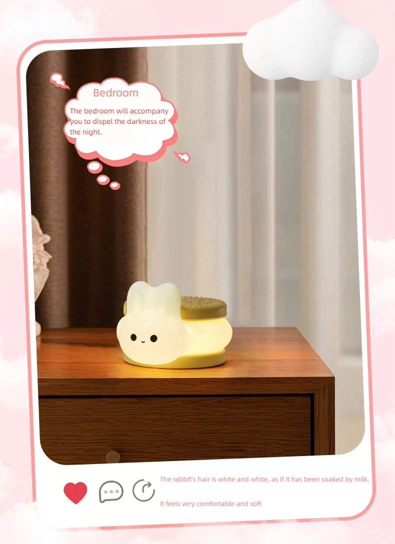 USB Rechargeable Timer Switch LED Night Light Cute Biscuit Rabbit Lamp For Kids Bedroom Dimming Table Pat Lamps Birthday Gift