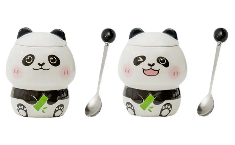 

420ml Cute Panda Ceramic Cups with Lid and Spoon Relief Panda Mugs Kawaii Coffee Cup for Homes Couples Drinkware Novelty Gifts