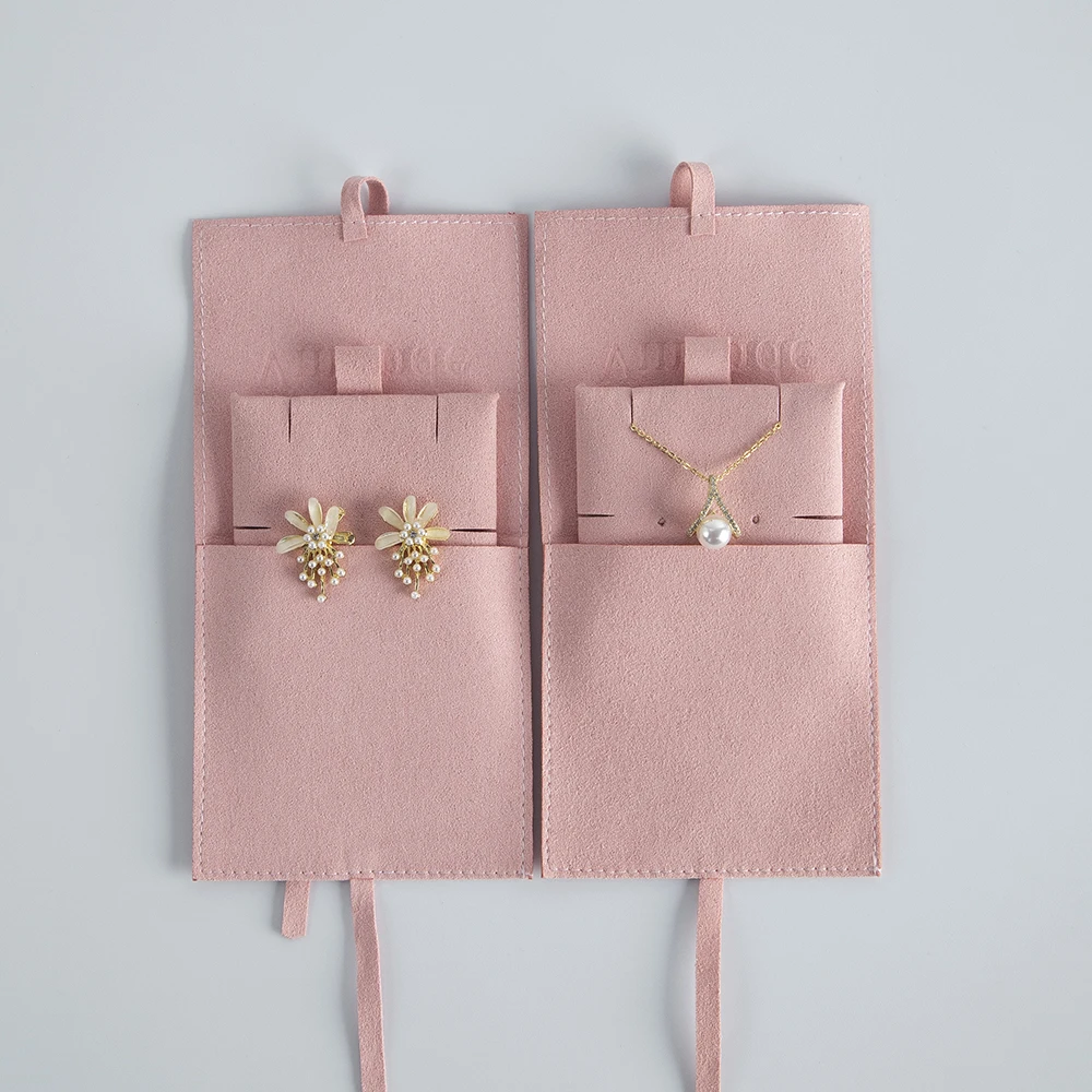 Magic 8*8cm Custom Logo Jewelry Package Pink Microfiber Suede  Envelope Drawstring Gift Bag with Insert Pad Card Jewelry Pouch