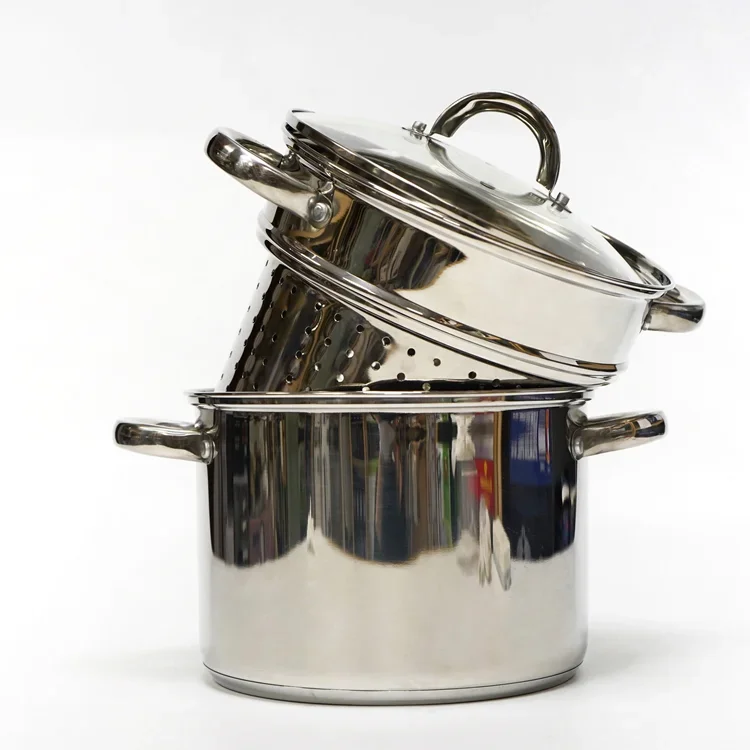 Italy Style Stainless Steel Pasta Cooking Pot Set With Strainer For Pasta Steamer With Glass Lid
