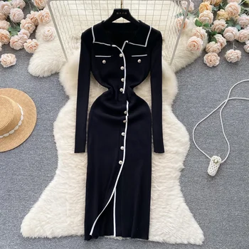 Autumn Winter Elegant Knitted Long ContrastDressres 2024 New High Waist Buttons Turn-down Collar Sweater Dresses Female 1