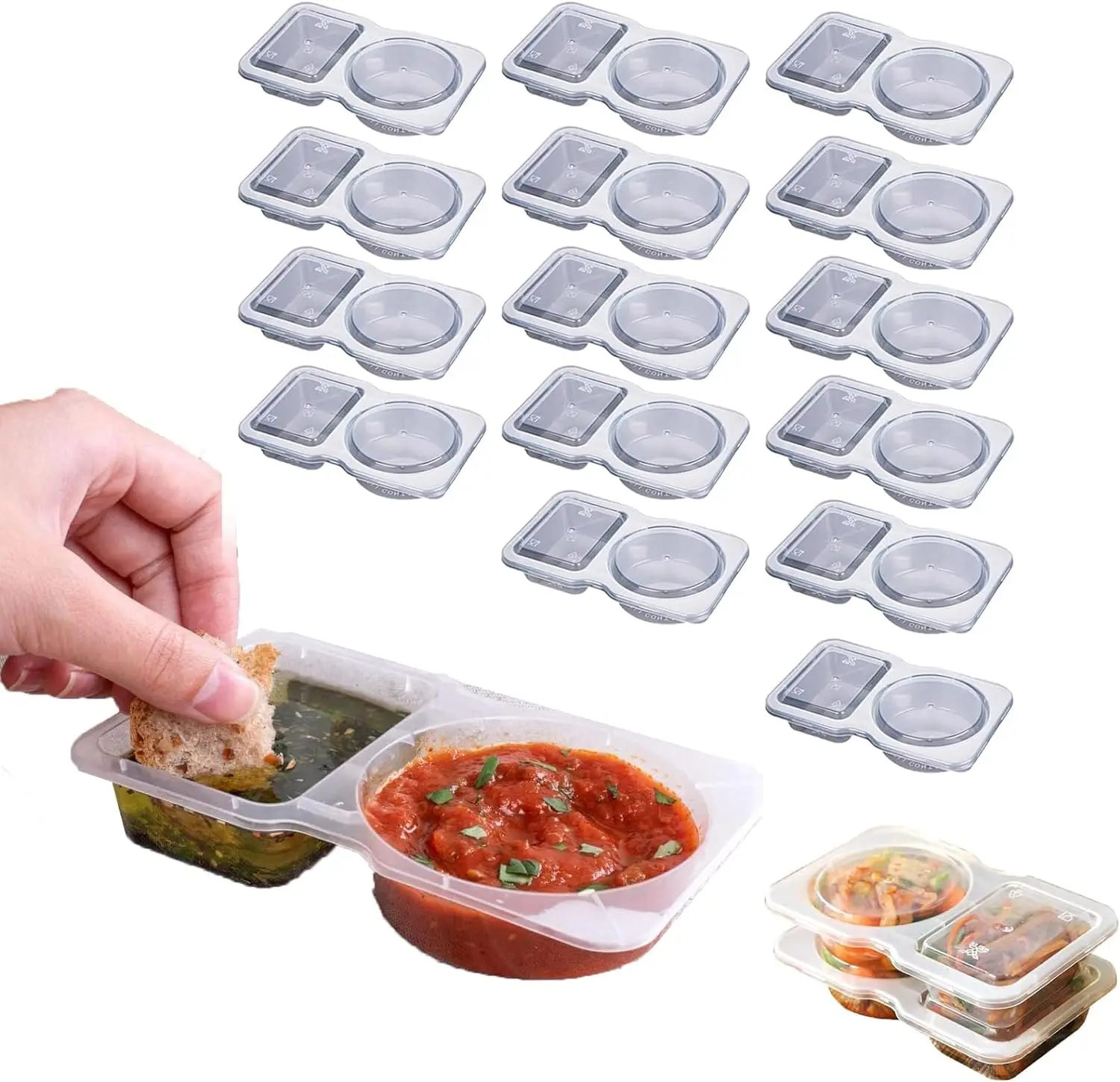 15pcs Double Compartment Condiment Containers with Lids Disposable, 2 Compartment Snack Containers, Reusable Snack Container