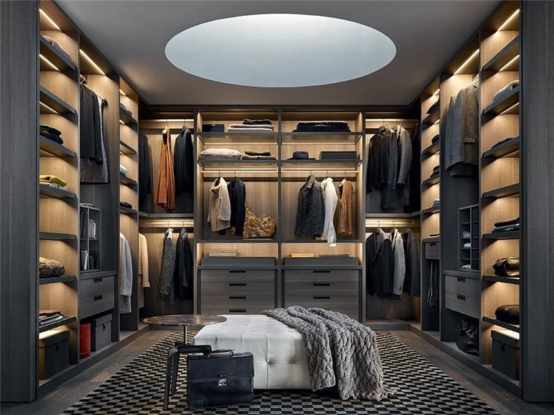 Modern Black Luxury Walk In Closet Dressing Room Wardrobe Stock