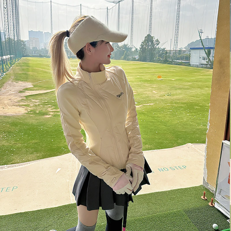 New Stand-up Collar Splicing Light Down Jacket Golf Ladies Autumn and Winter Slim-fit Sports Yoga White Long Sleeve Coat