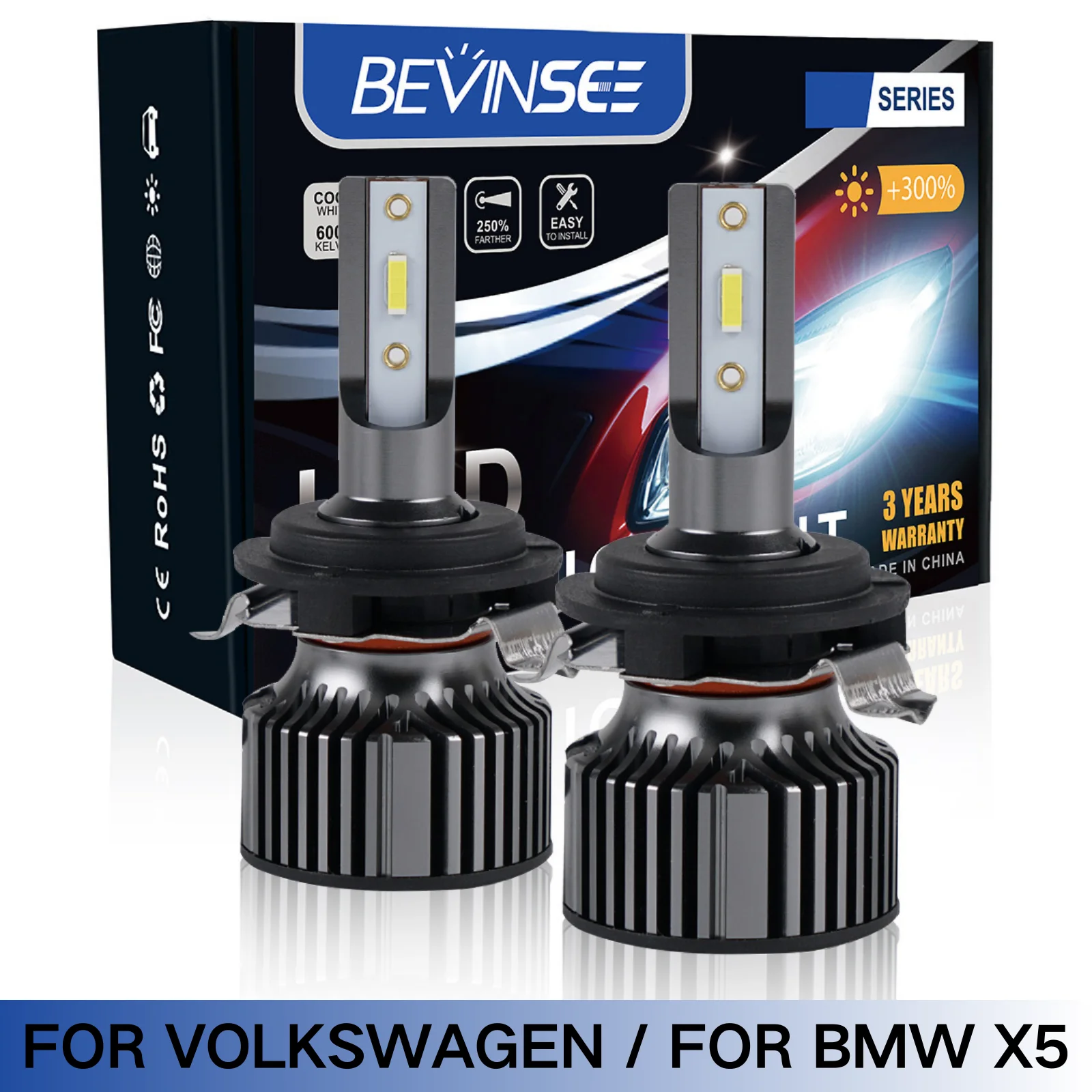 Bevinsee H7 LED Headlight Bulbs 60W 10000LM 6000K H7 LED Lamp for Volkswagen VW MK6 JETTA, for NISSAN QASHQAI, BMW X5 12V