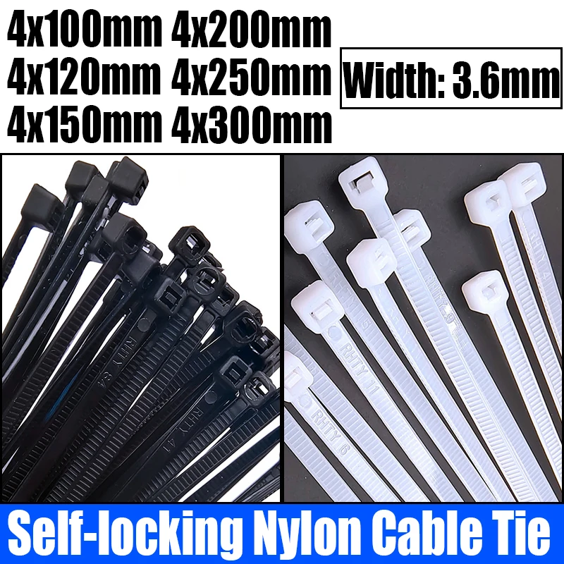 

250/500PCS White/Black Self-locking Plastic Nylon Cable Tie Zip Wrap Strap Nylon Cable Tie Cable/Wire Fastening Ring 4x100-300mm