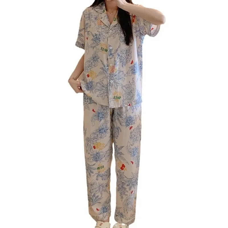 

Female Lapel Print Pajamas Short Sleeve Long Trouser Two-piece Set Summer Thin Home Suit Cotton Silk Sleepwear Women's Clothing