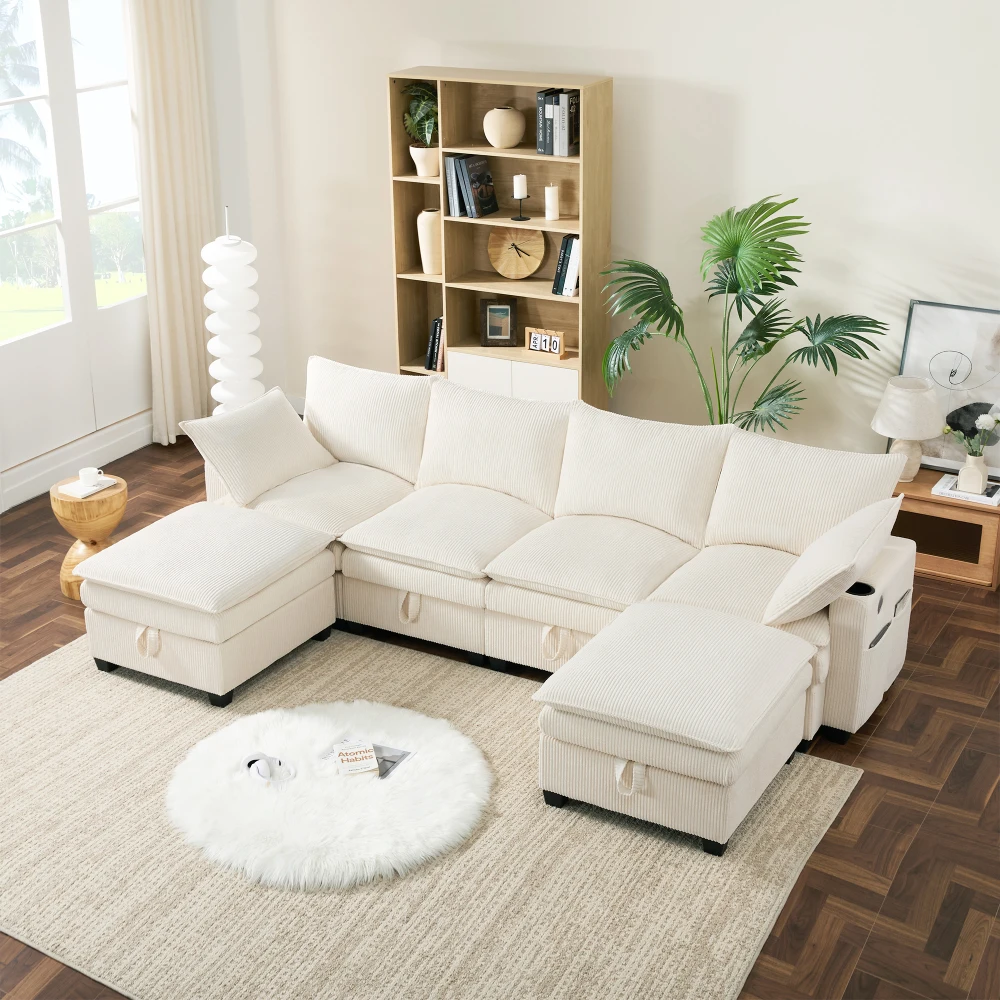 Modernes L-förmiges Sofa mit Kabelbefestigung, abnehmbarem Fußhocker, USB-Anschlüssen, Ablagefächern und Getränkehaltern, modulares Sofa – Detail 4