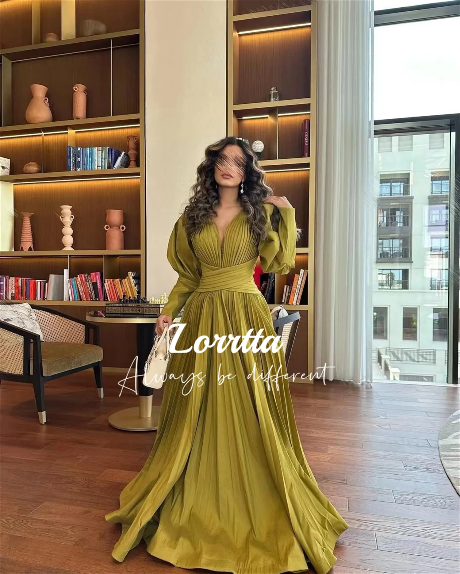 

Lorrtta Puff Sleeve Saudi Arabia V-neck Olive Green Ground Length Dubai Curly Ball Gown Gala Dresses Woman Women Formal Dress