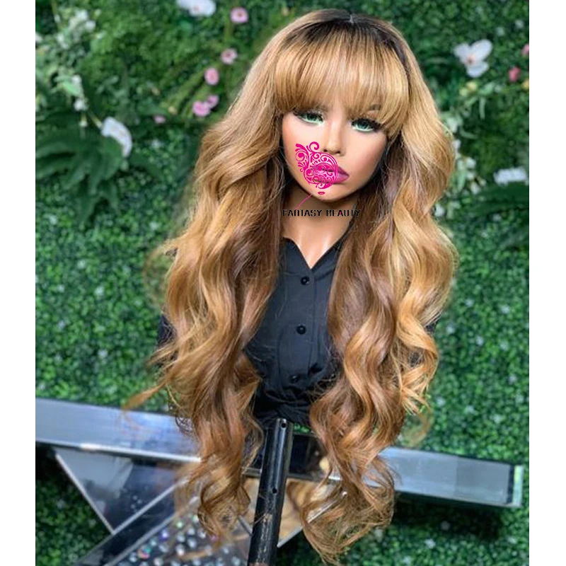 Ombre Body Wave Machine Made Full Human Hair Wigs for Black Women Thick Bangs Glueless Fringe Ombre Highlight #27 Blonde Wigs