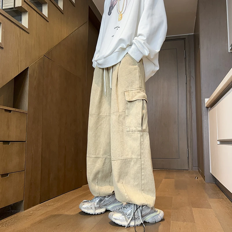 Men's Patchwork Cargo Jeans Oversized Wide Leg Trousers Men Muti-pockets Hip Hop Streetwear 90s Vintage Fashion Tooling Pants