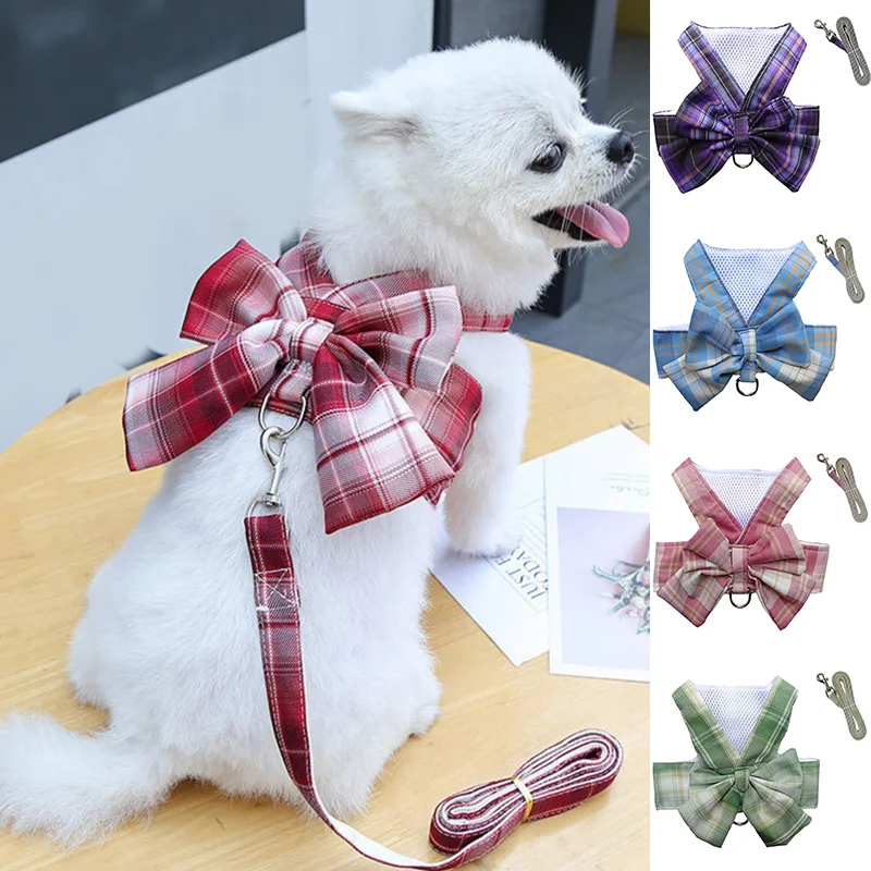 Adjustable Dog Harness Bow Pet Plaid Vest 6 Colors Available Dog
