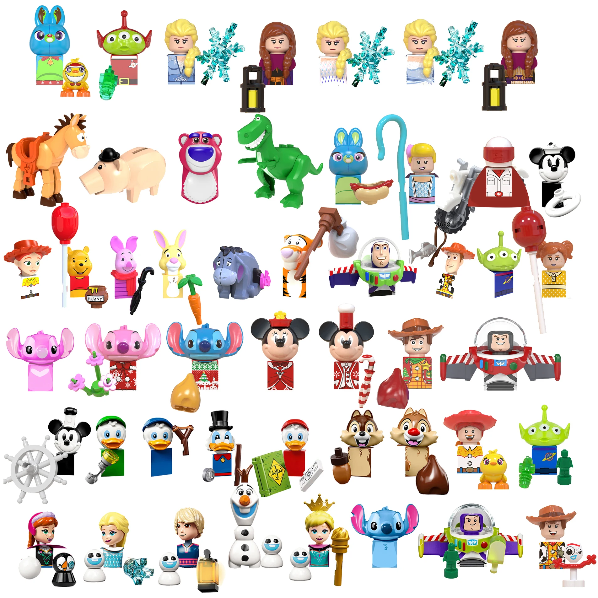 Disney Mini Action Toys Figures Building Blocks Cartoon Toy Story Mickey Mouse Winnie The Pooh Frozen Stitch Donald Duck Bricks