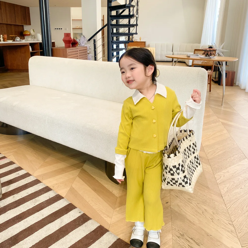 

Children Clothing 2023 Spring New Korean Style Patchwork Girls Sweater and Wide Leg Pants Casual Simple Set for Girls