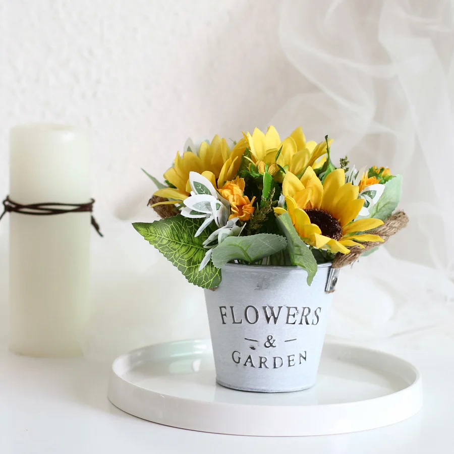 

Подсолнух, Подсолнух, ретро Оловянное ведро, манильная веревка, имитация бонсай, набор растений, искусственные цветы, украшения, аксессуары, товары