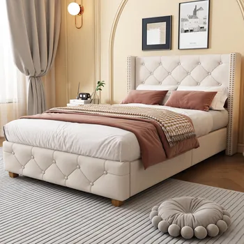 Beige Upholstered Bed 90*200cm Children Bed Frame with Slatted Frame and Headboard, Linen Button Padding, Wooden Legs