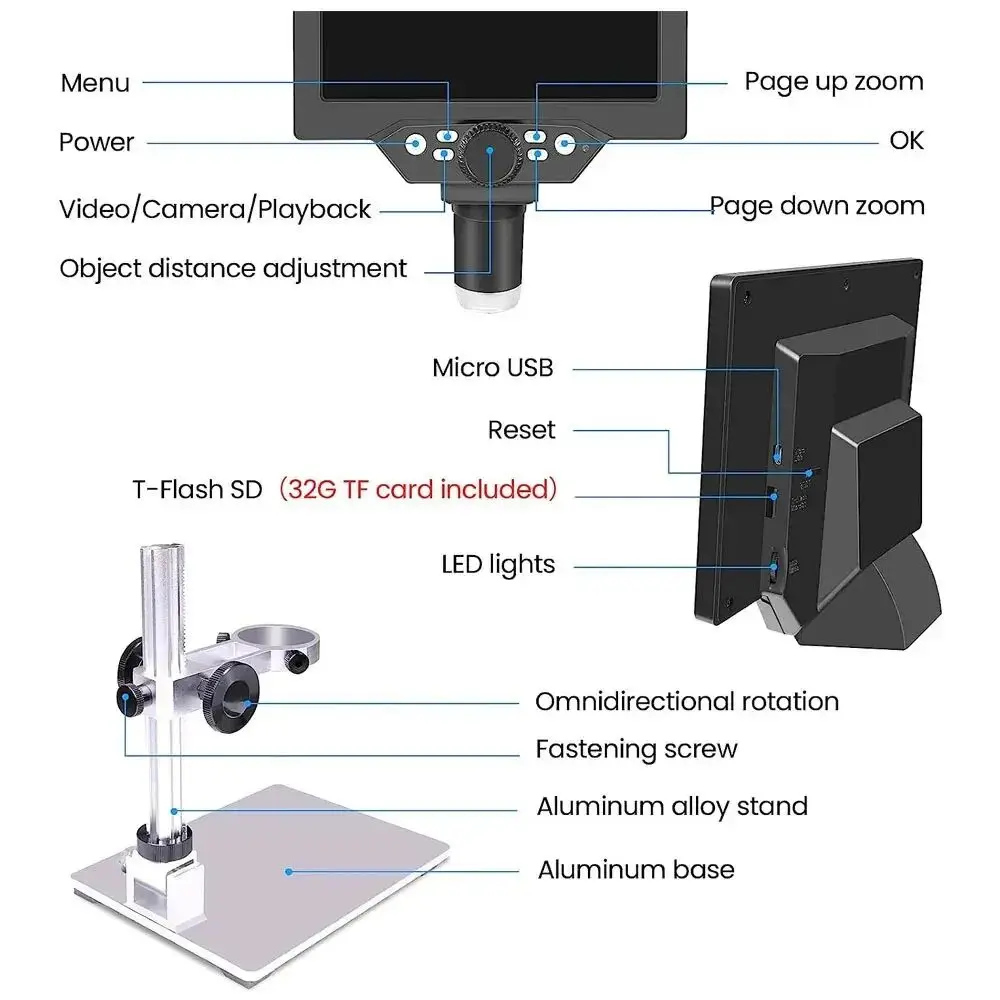 7인치 HD LCD 1200X 디지털 현미경 12MP 전자 비디오 현미경, 금속 스탠드 포함, 납땜, 휴대폰 수리, 확대경, PC용