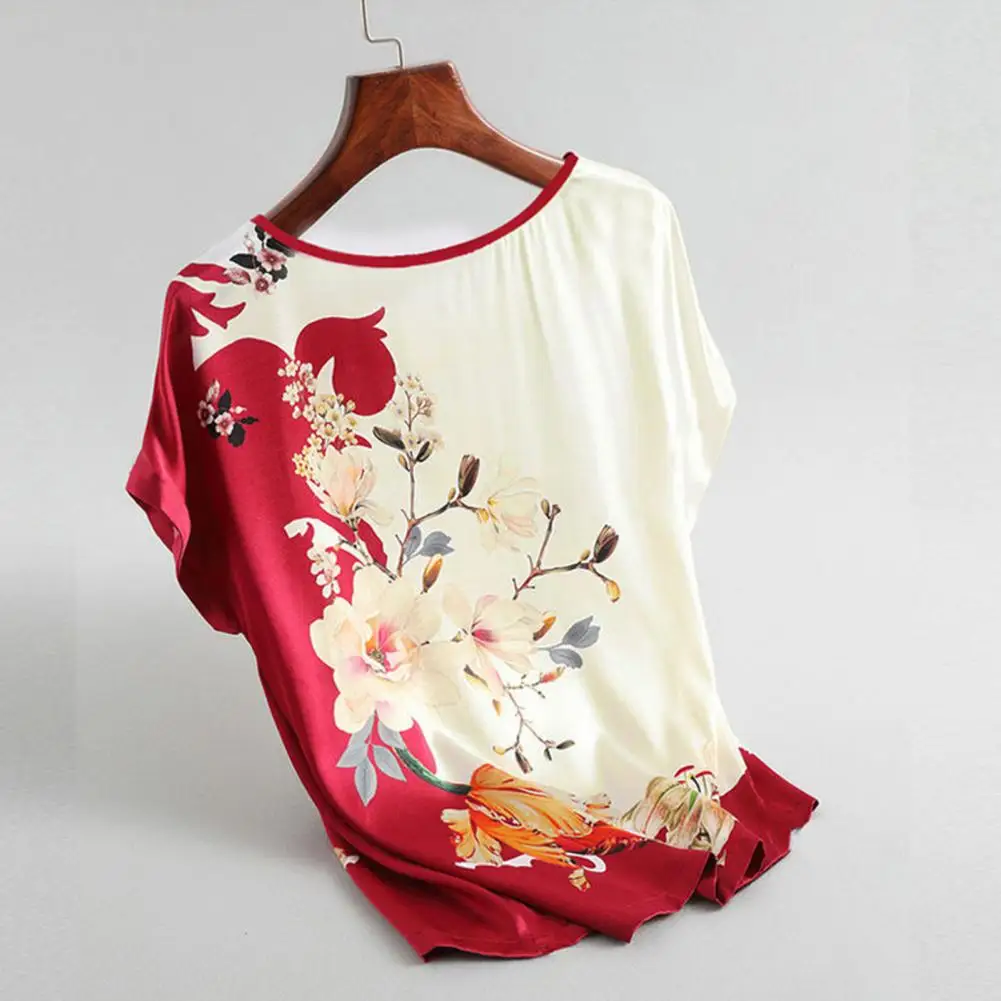 

Fashion Floral Print Blouse Pullover Ladies Silk Satin Plus Size Batwing Sleeve Vintage T-shirt Casual Short Sleeve Tops