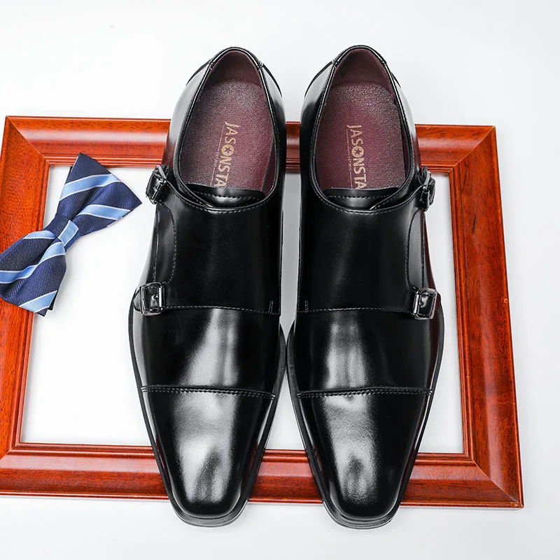 Mens Dress Shoes Genuine Leather Double Buckle Monk Strap Men Shoes Snake Print Cap Toe Classic Italian