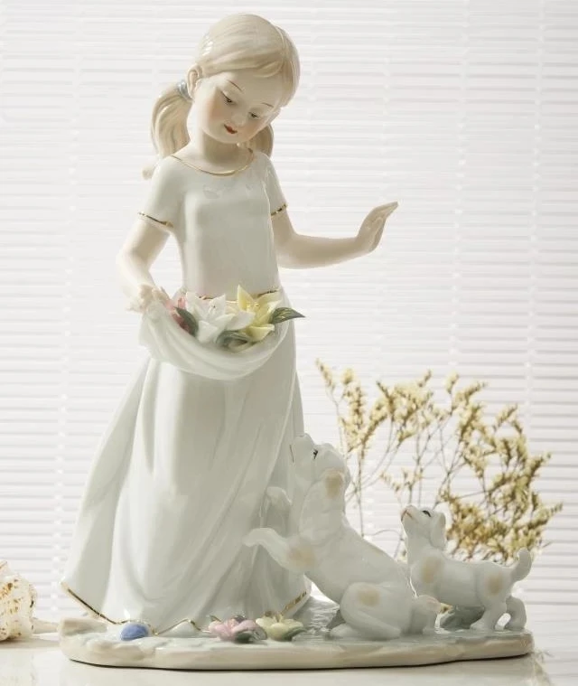 

Rustic Ceramic Little Girl Figurine Porcelain Child Sculpture Puppies Miniature Birthday Gift Craft Room Decor Children's Day