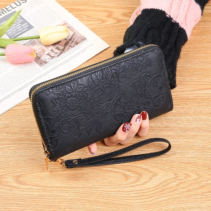 Long Zippered Women's Purse,Enlarged Ladies Phone Wallet,Embossed Design Fashionable Minimalist Money Bag,Lady Leather Purses