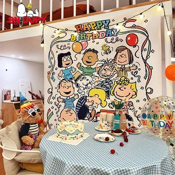 스누피 찰리 브라운 애니메이션 생일 배경 태피스트리 천, 카와이 파티 장식, 방 장식, 1 년 된 기념품