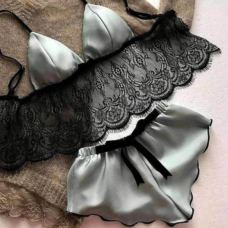Sexy Silk Satin Lingerie Set Babydolls Pamas Crop Tops Bra and Panty Set V-Neck Lace Lingerie Set Fashion Bralette_voghion.com