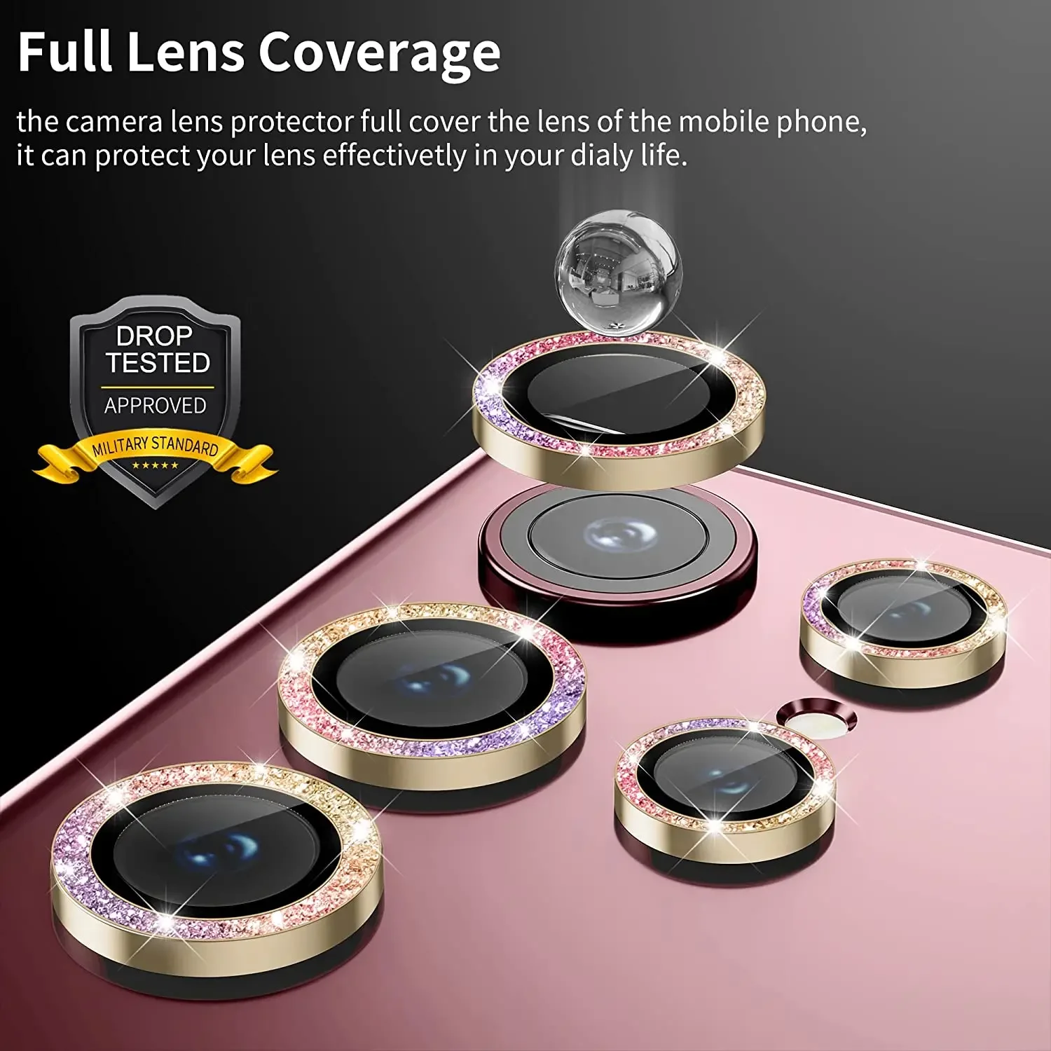 Sparkling Diamond Camera Lens Protector with Metal Ring and Tempered Glass Cover