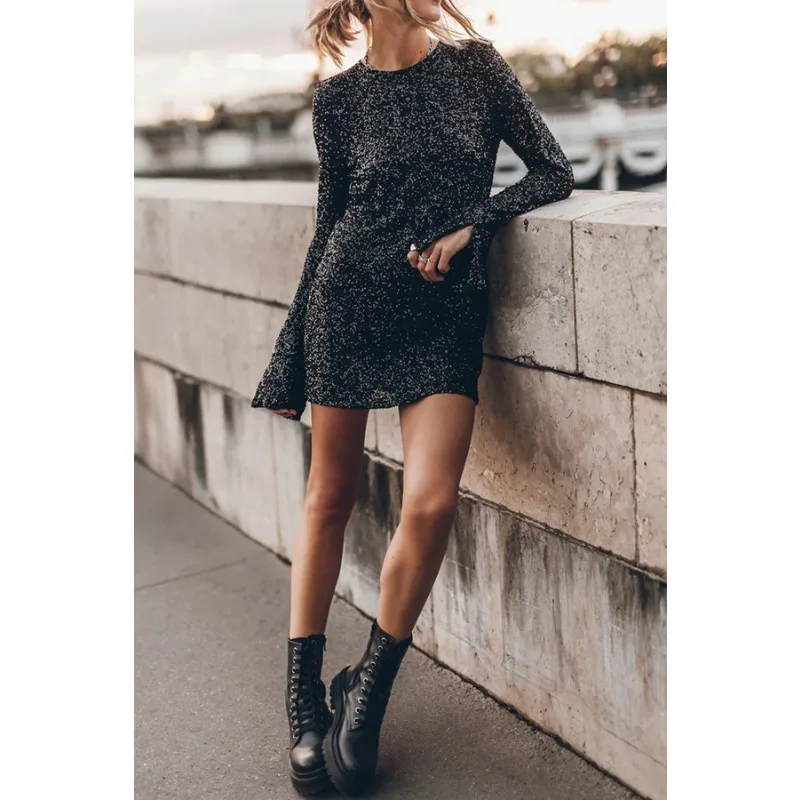 

Women's Fashion Sequin Long Sleeve Casual Slit A-line Dress Temperament Commuting Female Round Neck Mini Dresses 2024 Spring New