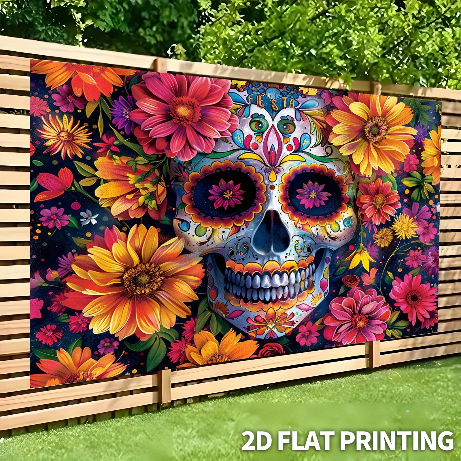 1 großes Partybanner mit Zuckerschädel-Blumen – mexikanische Day of the Dead-Dekoration, mit hellen Blumenmustern, Polyester – Detail 9