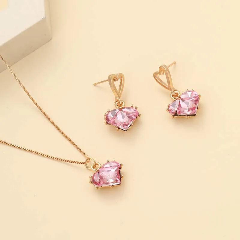 Fashion Pink Crystal Heart Pendant Necklace Set for Women