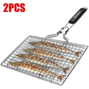 Grill fish basket, collapsible portable stainless steel grill basket with detachable handle and storage bag 1