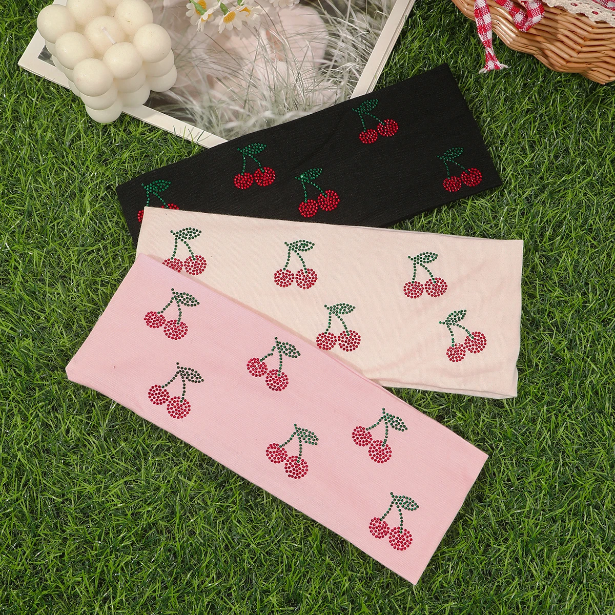 1pc Small Rhinestone Cherry Pattern Elastic Headband Women Turban Hair Bands Yoga Fashion Makeup Headwrap Hair Accessories
