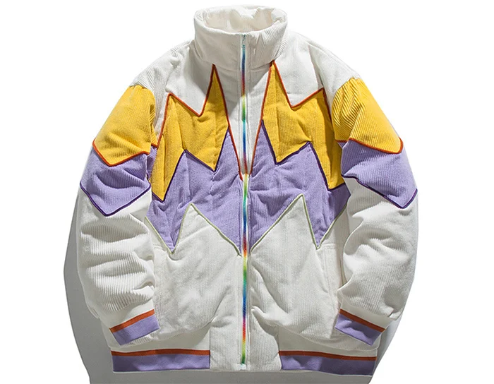 Parkas Corduroy Harajuku Winter Down Jacket Rainbow Zip Up Coat Oversize Streetwear 2022 Men Women Outwear Clothing White fur lined parka