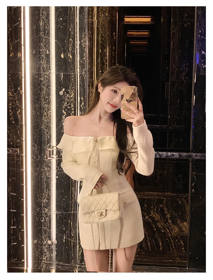 Elegant Tweed Slash Neck Short Dresses for Women Long Sleeve Slim Waist Birthday Party Dress Korean Fashion Vestidos Mujer