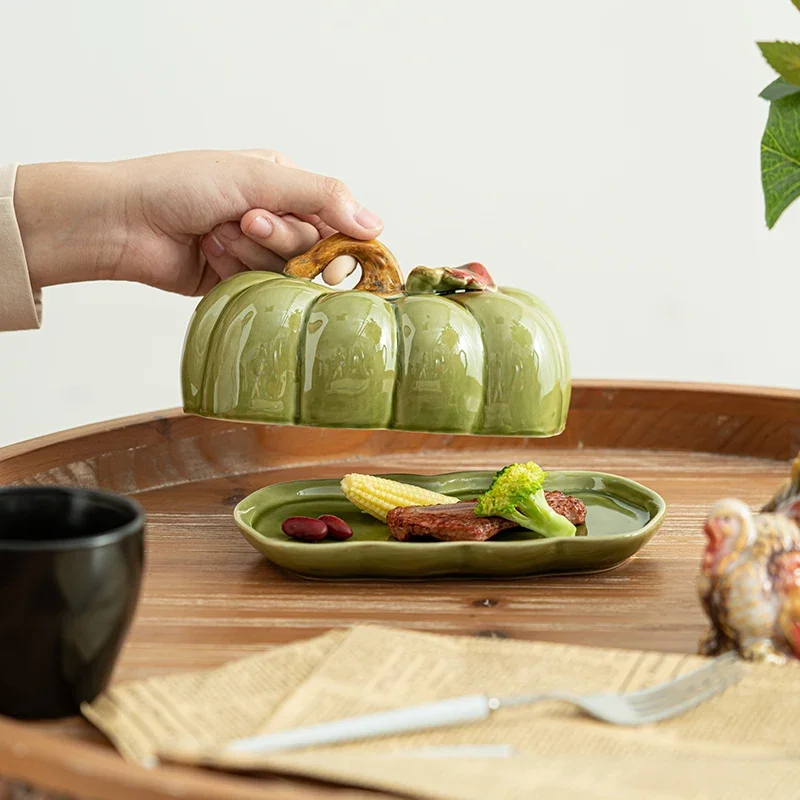 Cute and Novel Pumpkin Ceramic Dinner Plate with Lid Butter Plate Kitchen Utensils Restaurant Utensils Dinner Set Holiday
