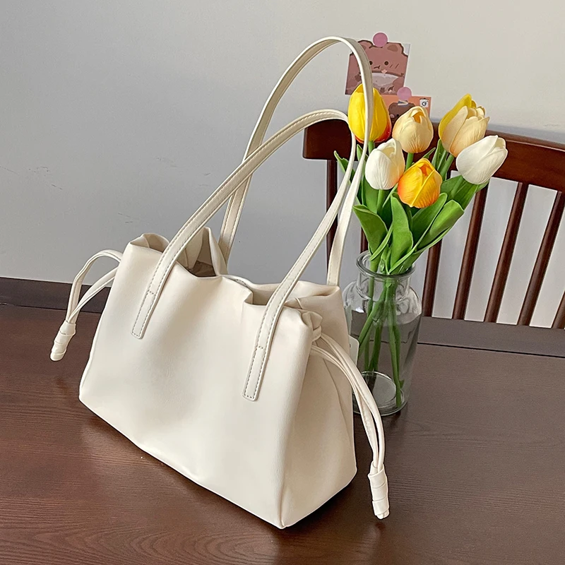 

Simple Soft Leather Tote Bag Women French Style Commute Drawstring Shoulder Underarm Pack Large Capacity Handbag