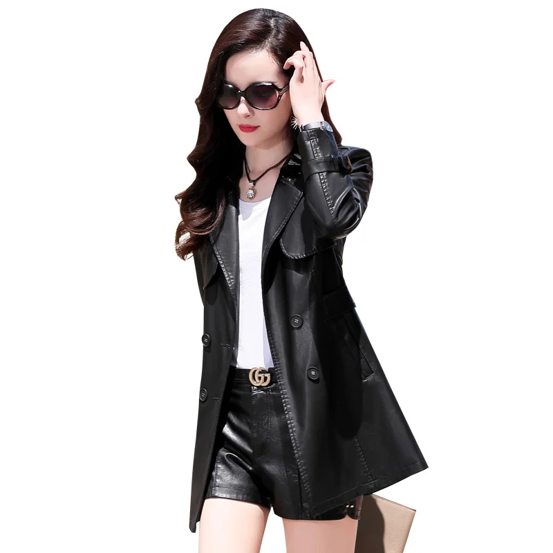 Women's Leather Windbreaker Overcoat, Long Belt, Double-Breasted Jacket, Sheepskin Coat, Female Outwear, High-End, Spring, Fall
